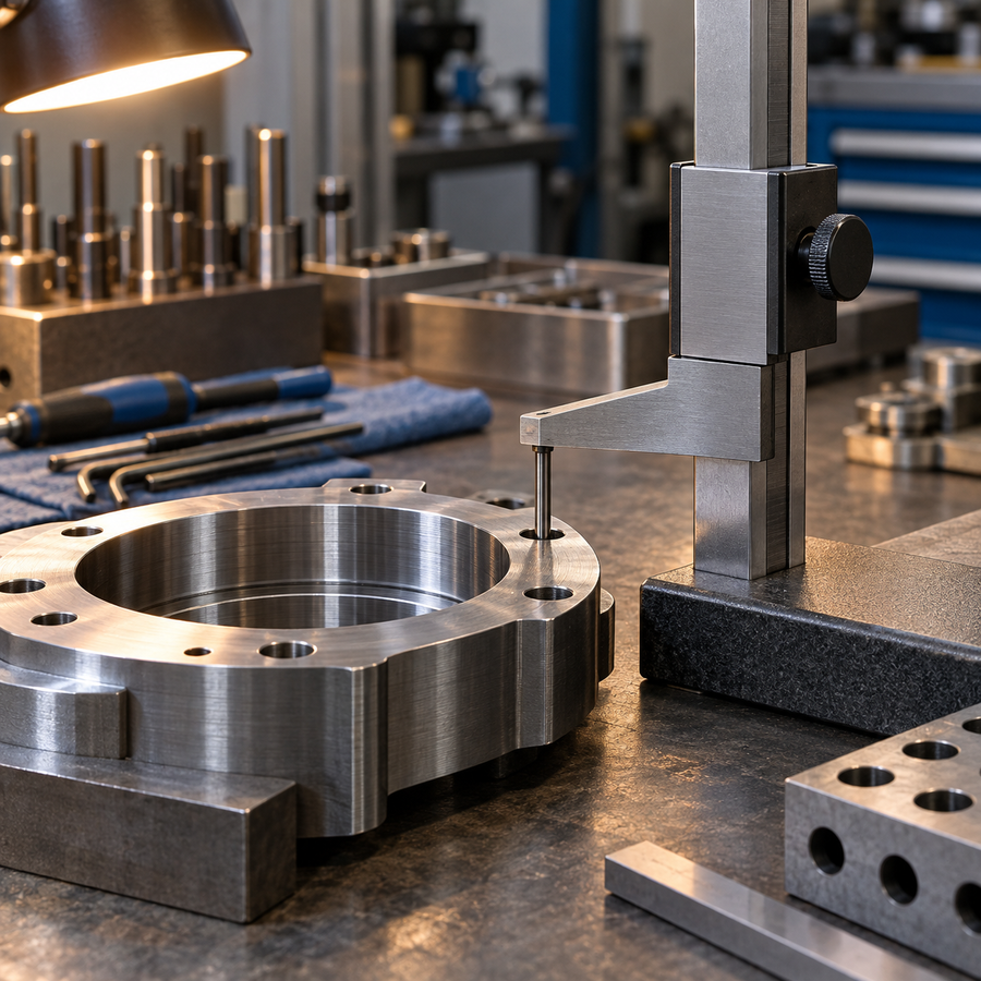 Poste d'assemblage precis, outils ranges et piece d'acier